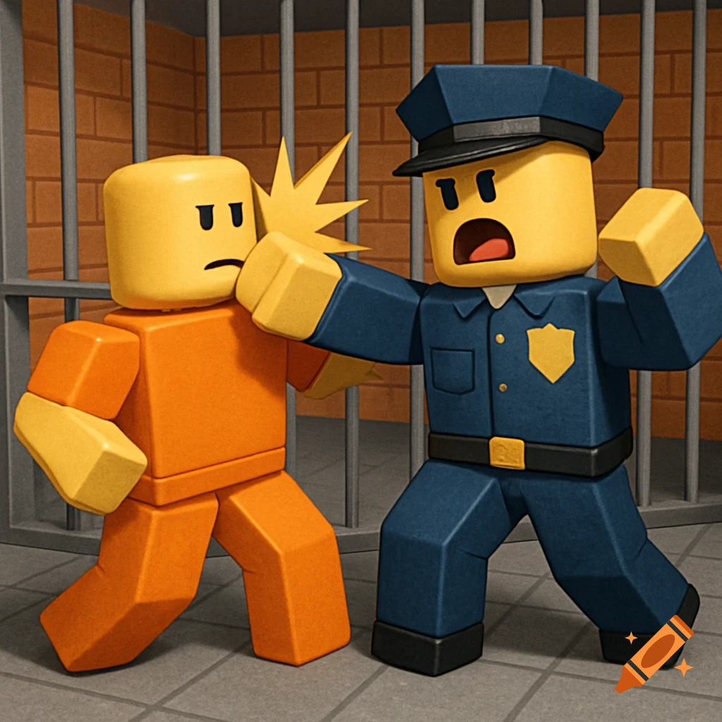 Two block-figure characters, a police officer punching a prisoner in an orange jumpsuit, inside a jail cell.