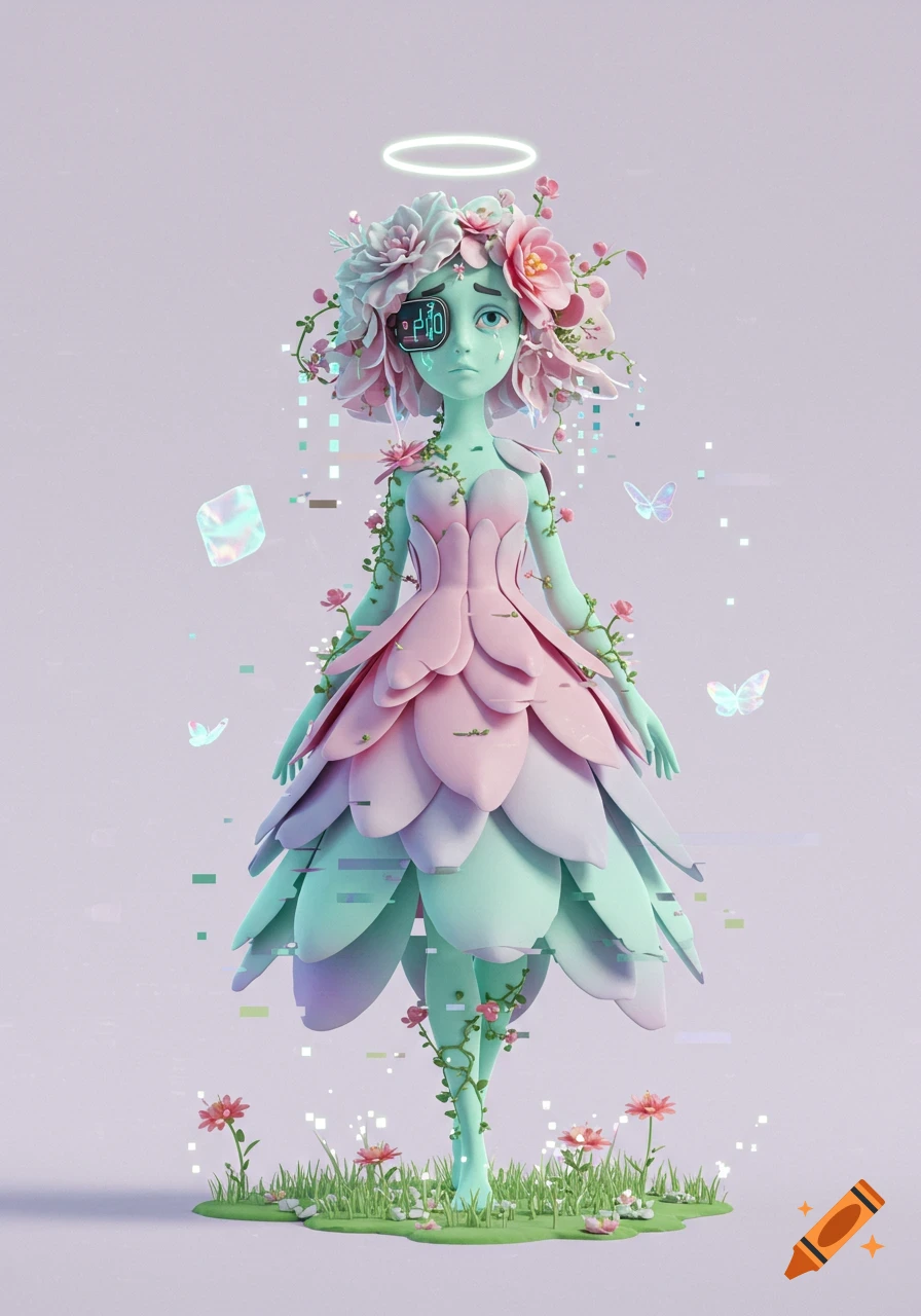 A stylized humanoid character with mint green skin, pink flower petal hair, and a pink petal dress. She has one digital eye, a glowing halo, and glitch effects. Surrounded by digital grass, flowers, and floating butterflies.