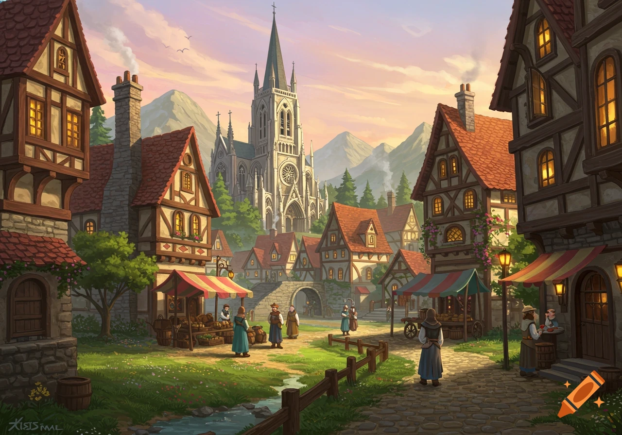 A vibrant medieval fantasy village at sunset with a towering gothic church, market stalls, and people on cobblestone paths.