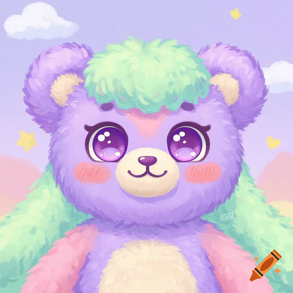 A cute, pastel lavender bear with mint green hair and large purple eyes, set against a soft sky with clouds and stars, in an illustrative style.