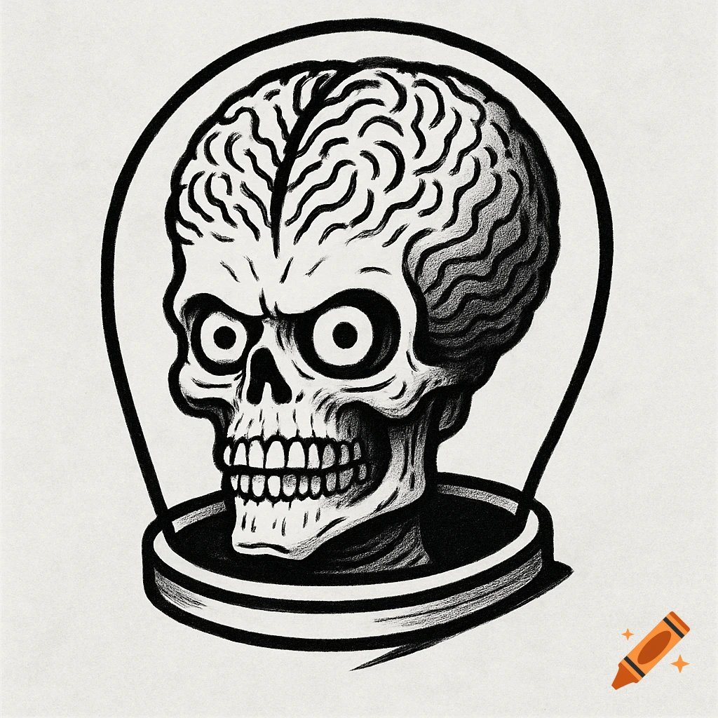 Black and white line art illustration of a Mars Attacks alien head with a large brain and skull-like face in a circular border.