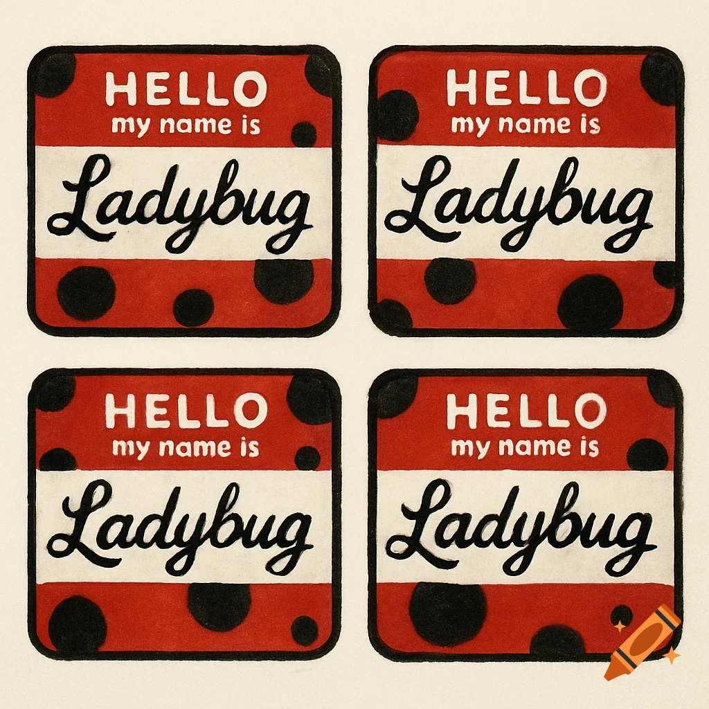 Four red and black polka dot name badges, each reading 'HELLO my name is Ladybug' in a playful script and block letters.