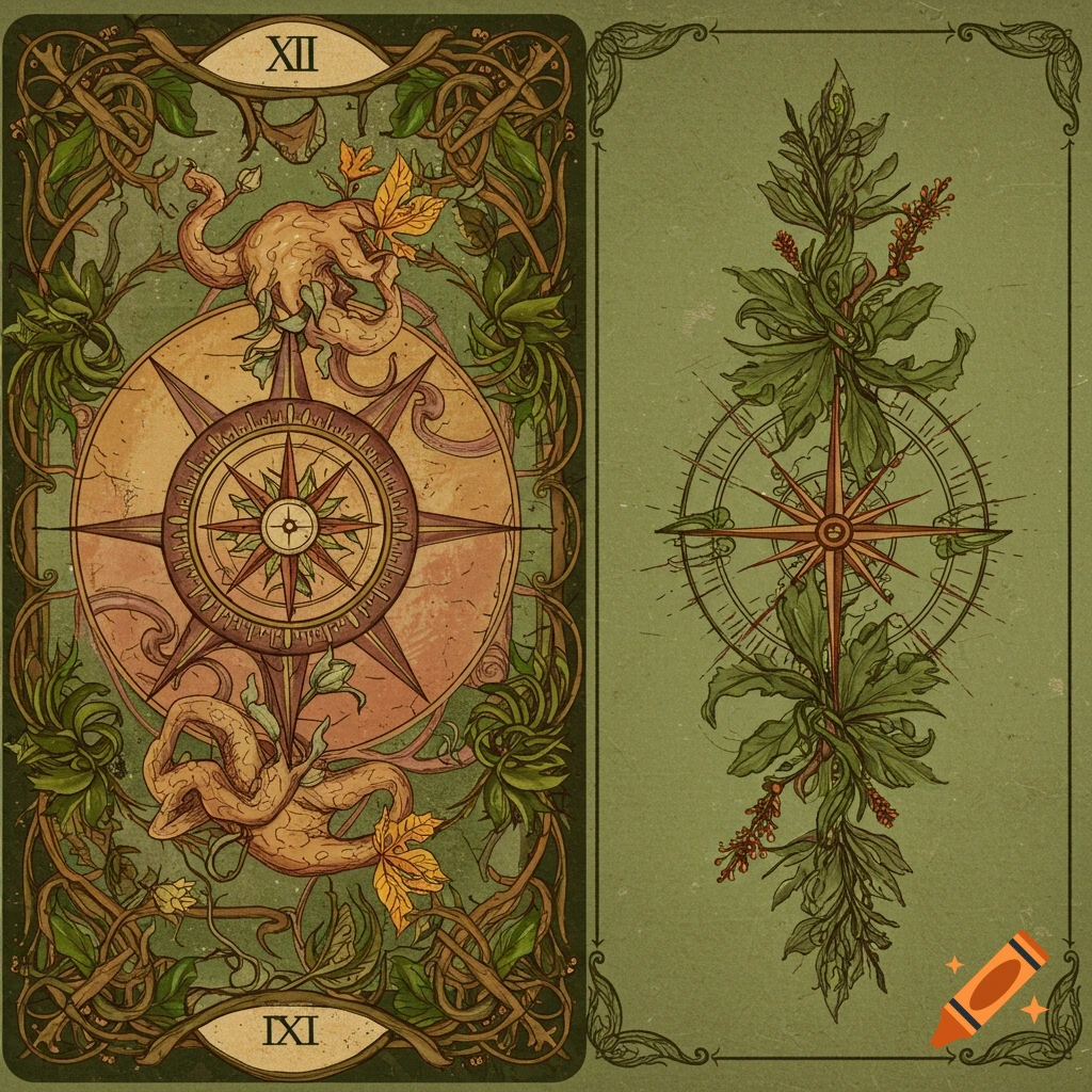 Tarot card back design with botanical compass and vines on a green background, vintage illustration style.