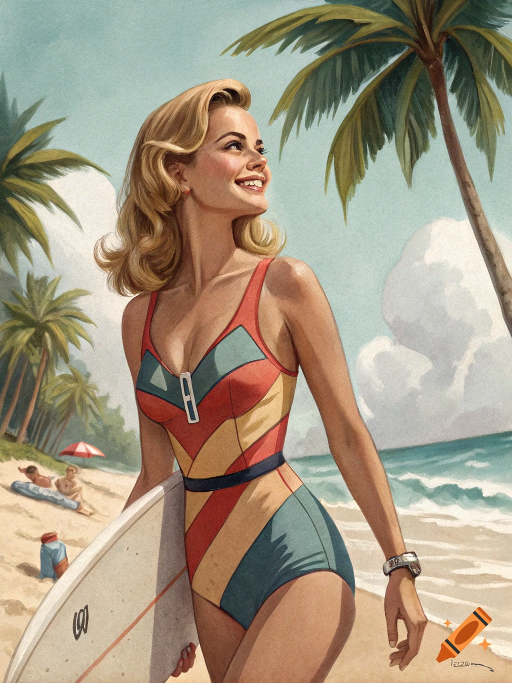 An illustration of a smiling woman in a striped one-piece swimsuit holding a surfboard on a sunny beach with palm trees and ocean in the background.