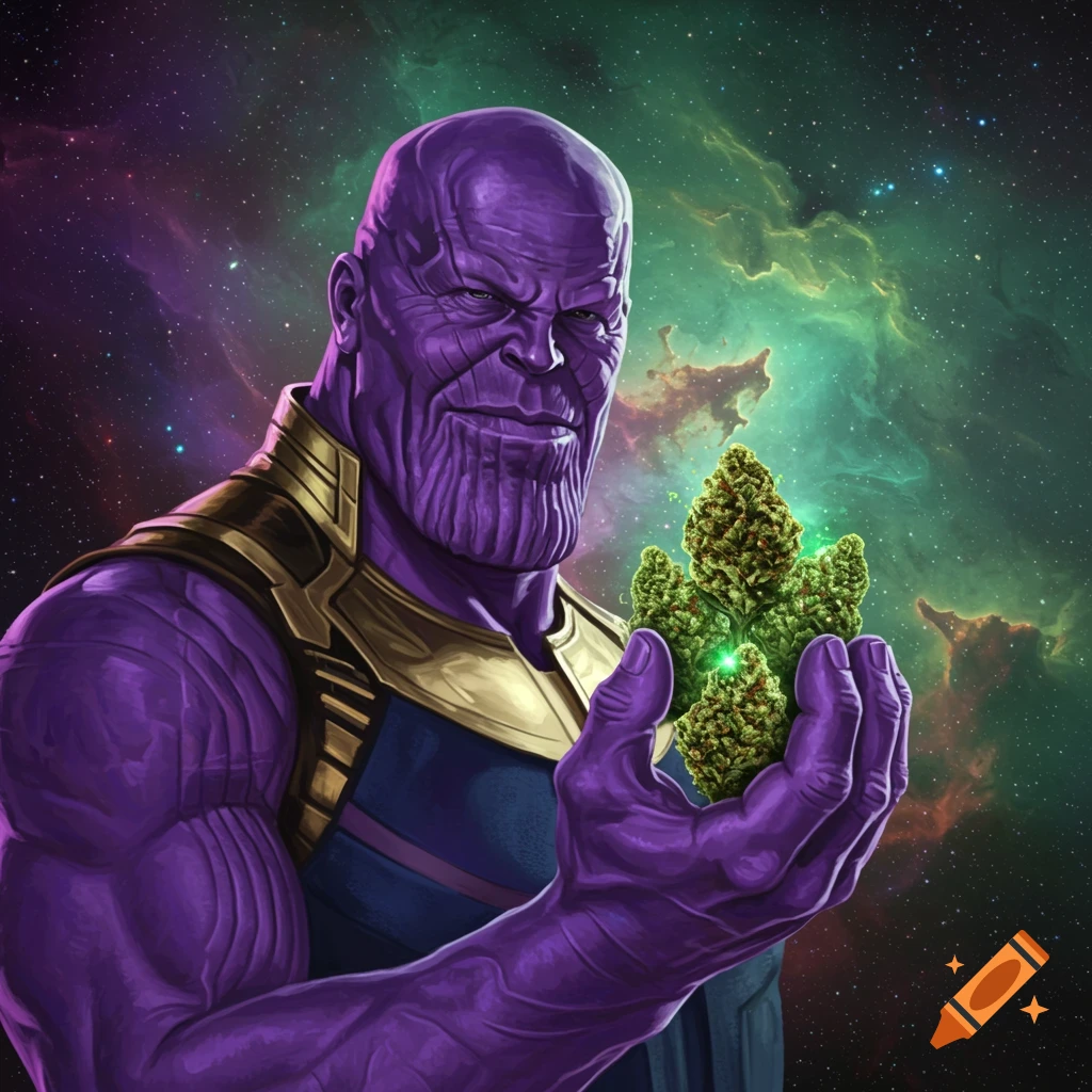 Thanos, the purple titan, holding glowing cannabis buds in his hand against a vibrant cosmic background.