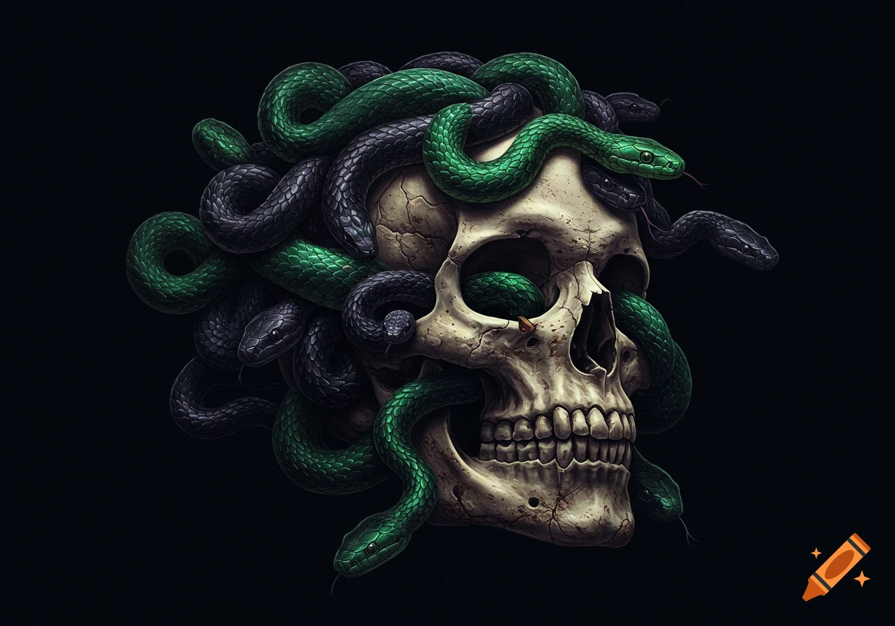 A detailed skull covered in interwoven green and black snakes, against a dark background.