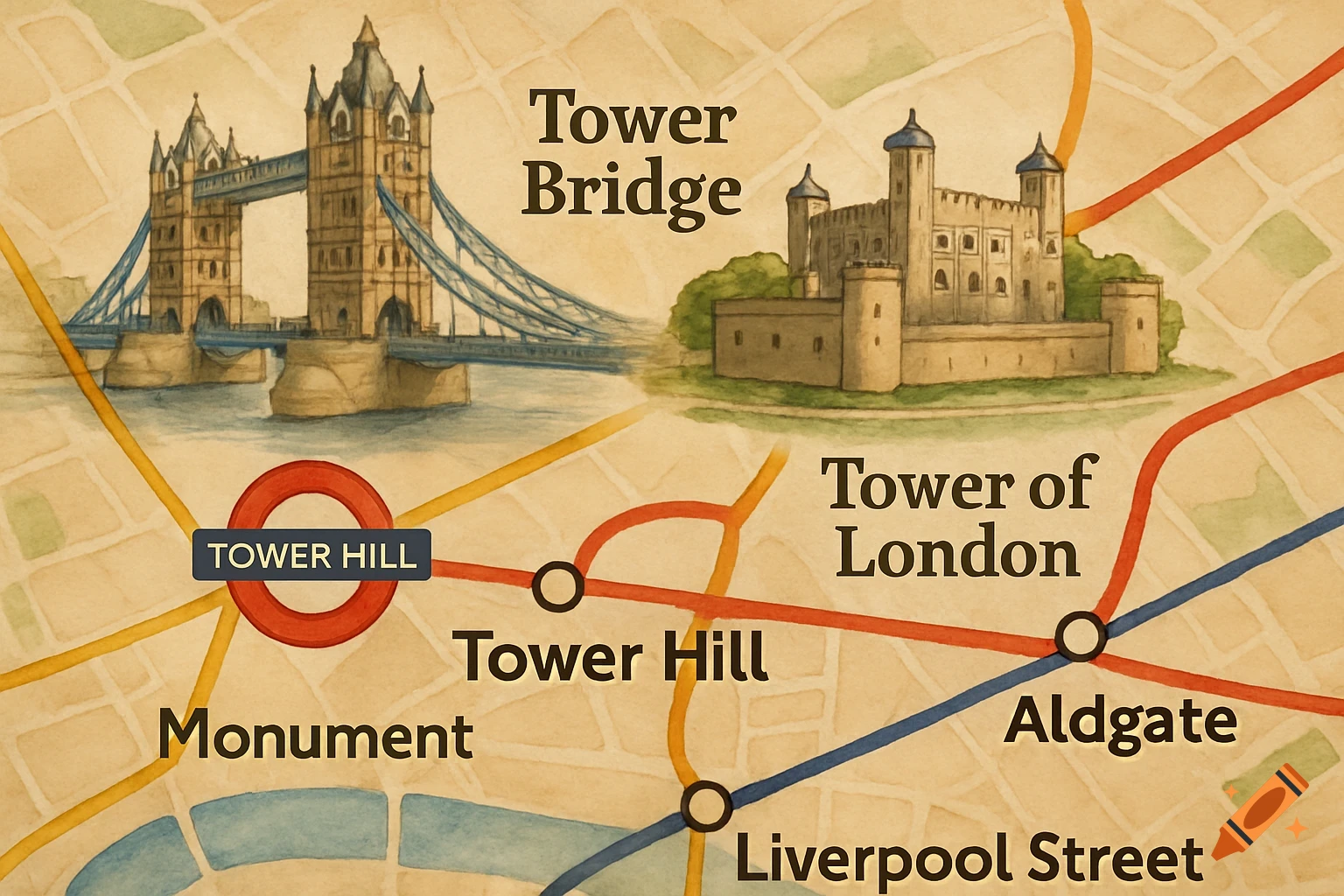 Watercolor map of London with Tower Bridge, Tower of London, and Tower Hill Tube Station, among others.