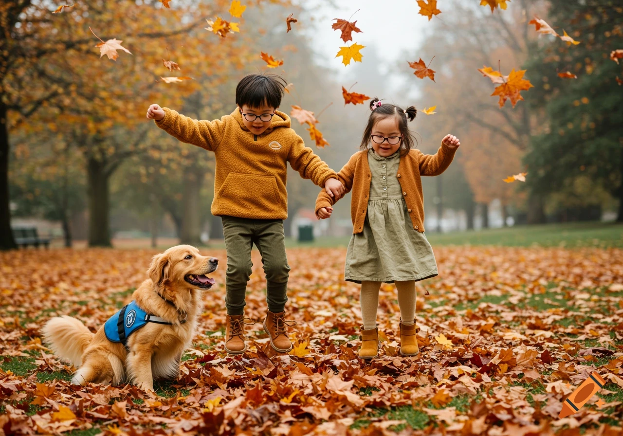 Two children and a golden retriever jump playfully in a park covered in autumn leaves.