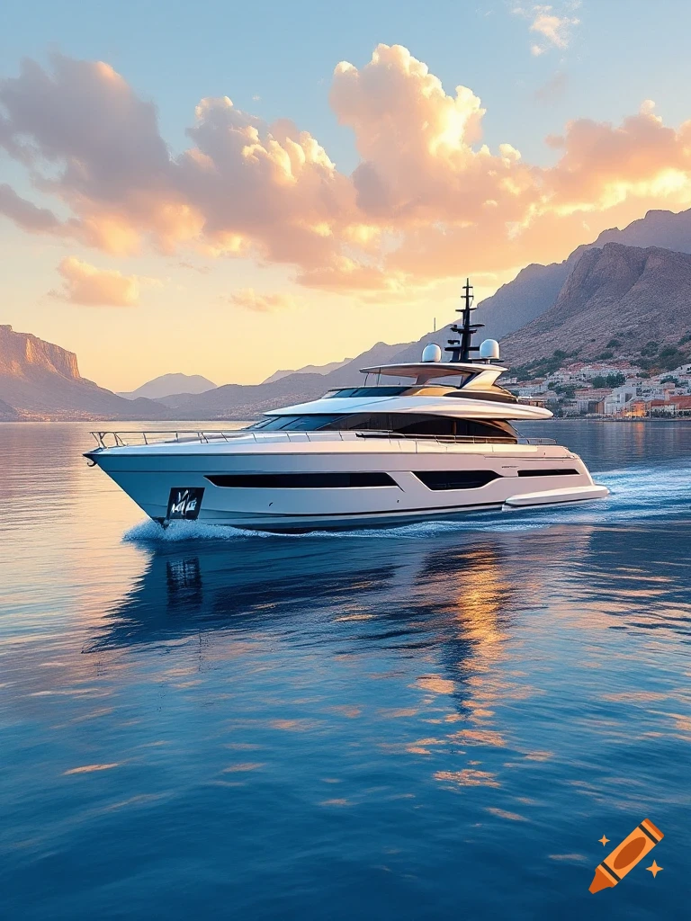 A luxurious white yacht glides across calm blue water, reflecting a vibrant sunset sky and distant mountains.