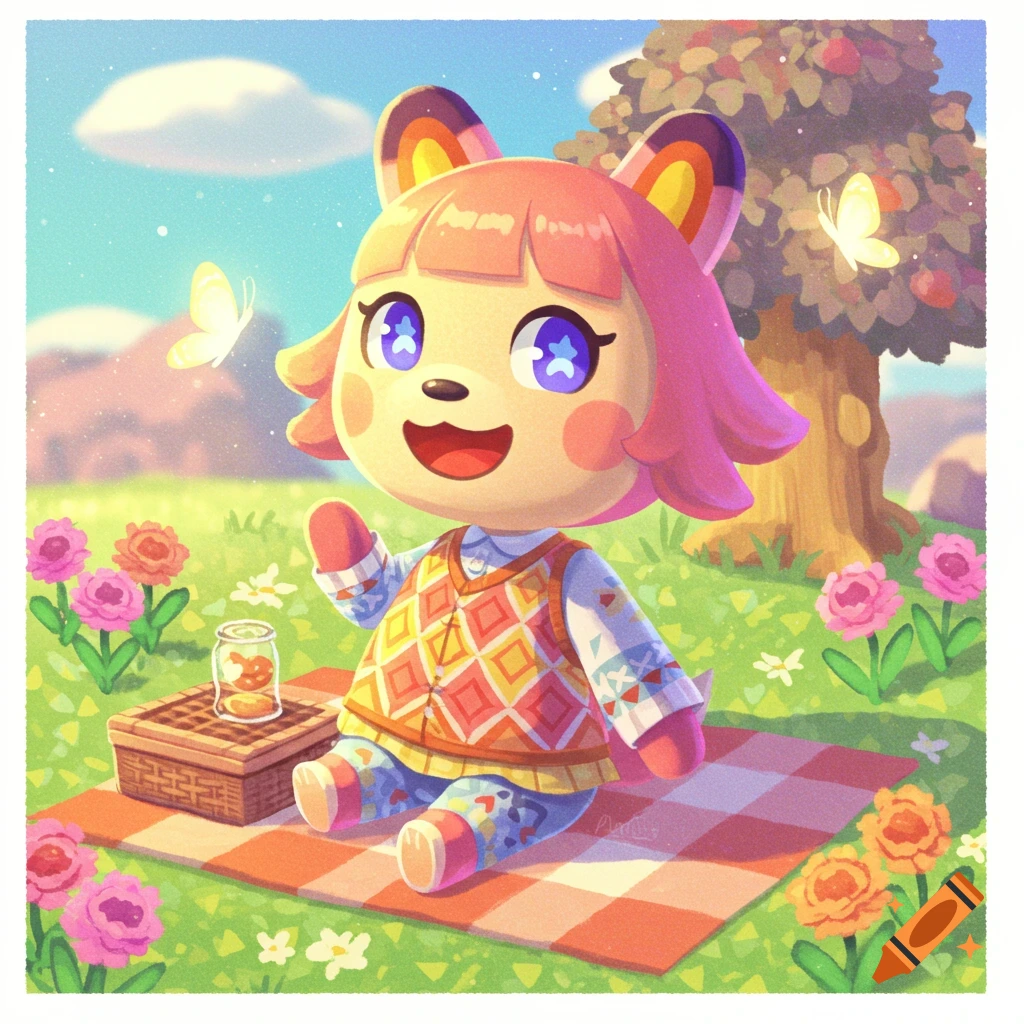 A cute pink-haired Animal Crossing villager with big blue eyes sits on a picnic blanket in a sunny field with flowers and butterflies.