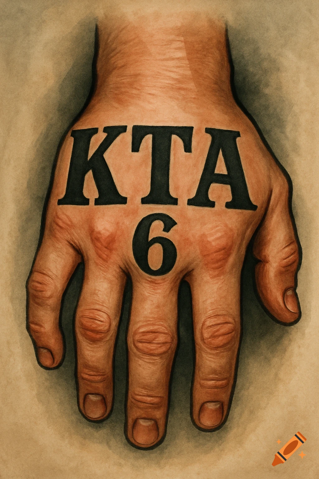 Back of a hand with a bold black tattoo of 'KTA' above '6'.