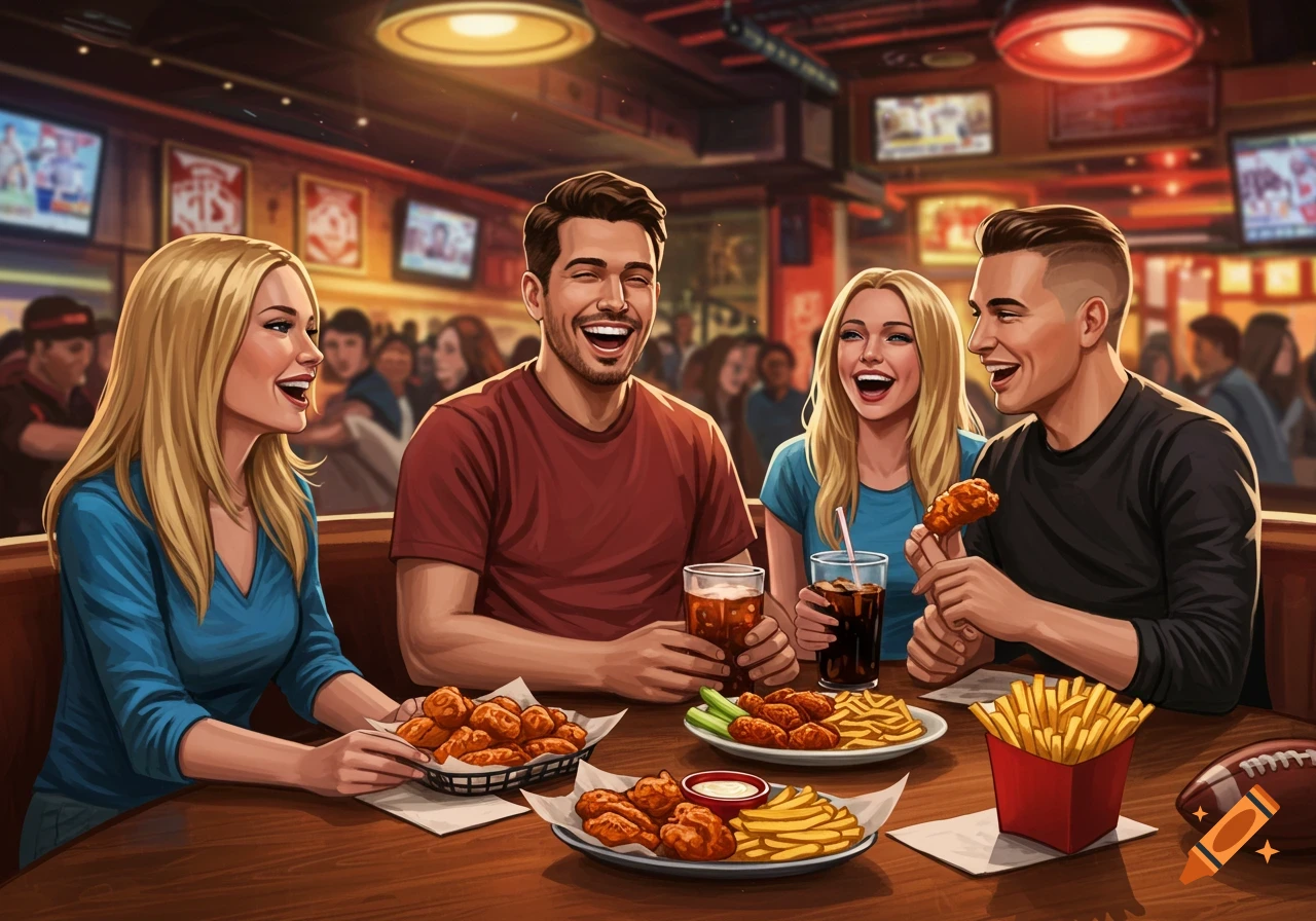Four friends laughing and eating chicken wings and fries with drinks at a bustling sports bar.