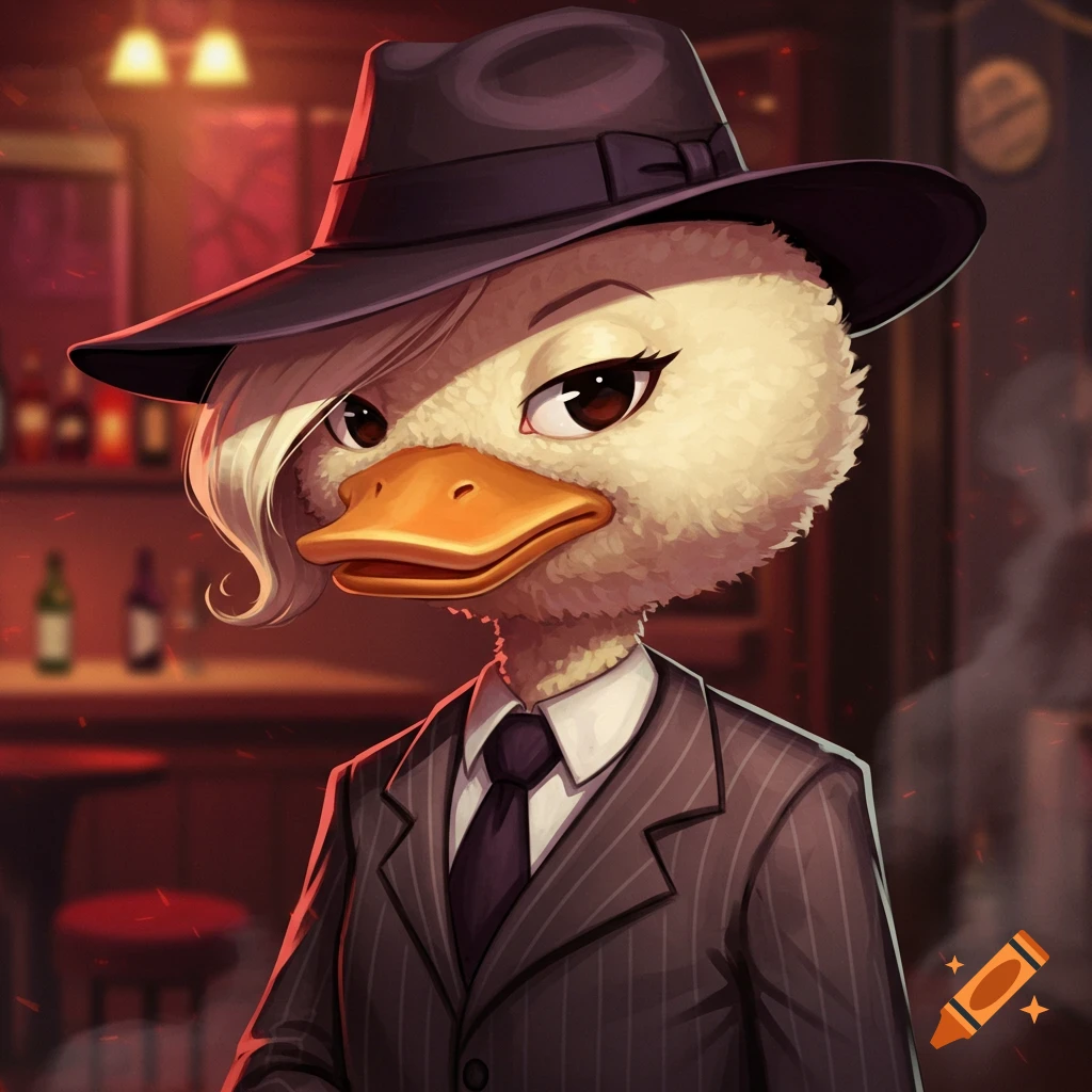 An anthropomorphic duck in a pinstripe suit and fedora stands in a dimly lit bar, looking like a mafia boss.