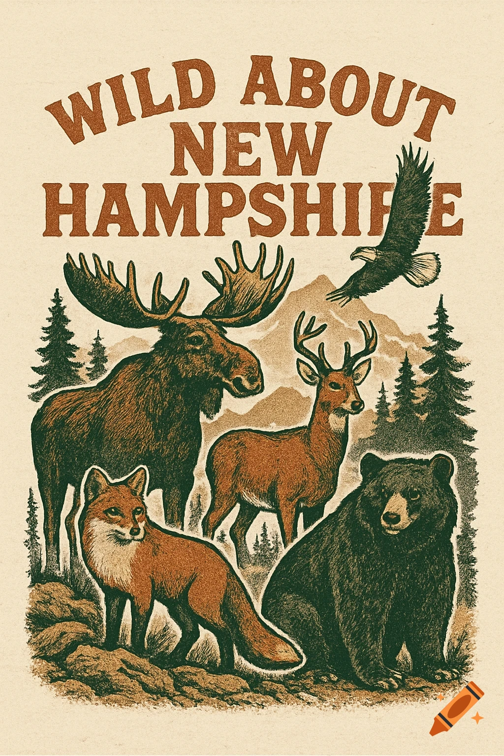 Vintage illustration of a moose, deer, fox, bear, and eagle with mountains and pine trees, text 'Wild About New Hampshire'.