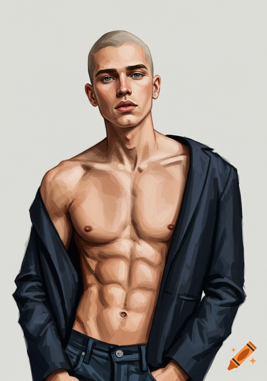 Stylized illustration of a muscular bald man with blue eyes, wearing an open dark jacket and jeans, looking directly at the viewer.