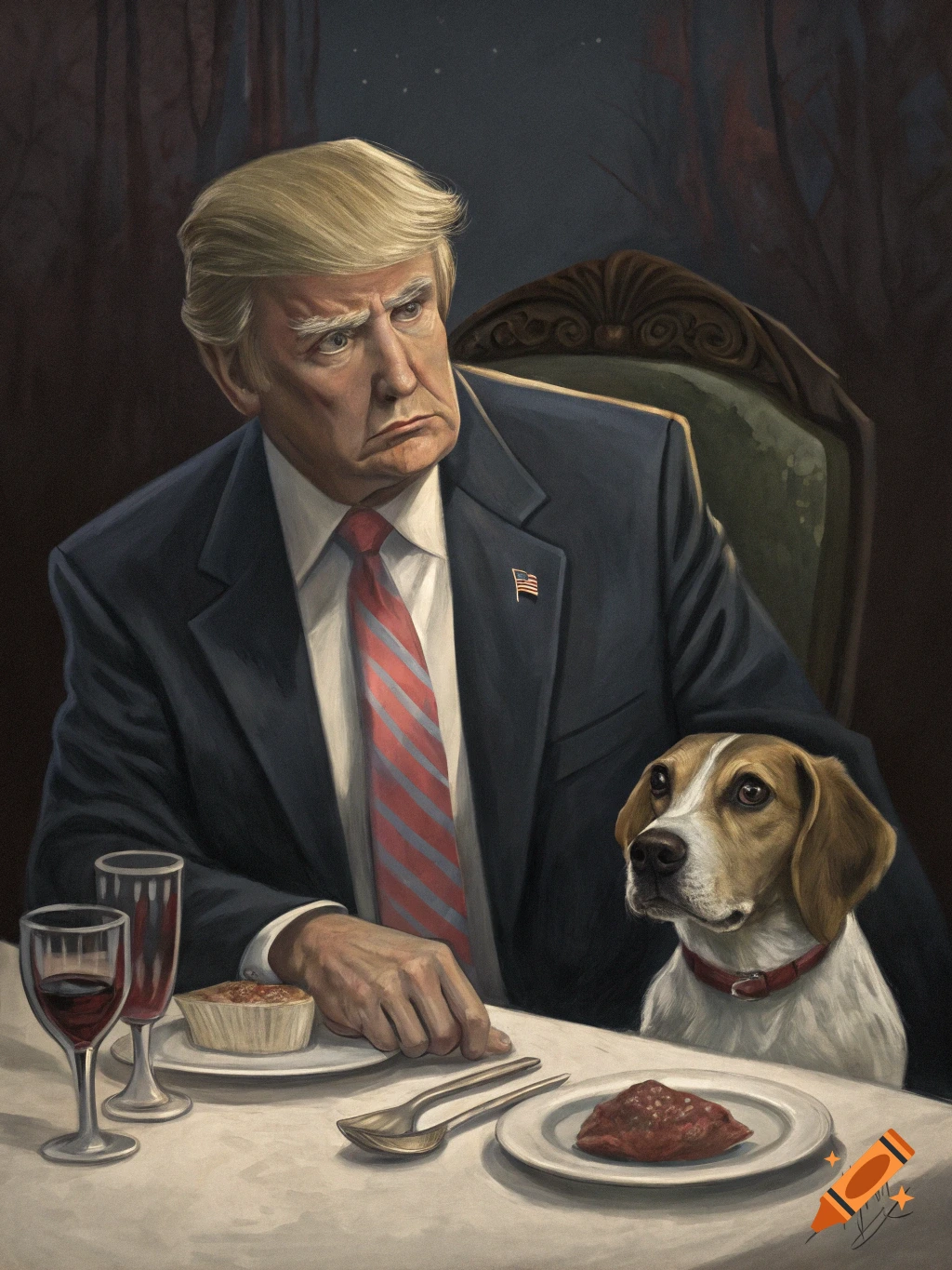A detailed caricature painting of Donald Trump at a dinner table looking sternly, with a beagle dog sitting next to him.