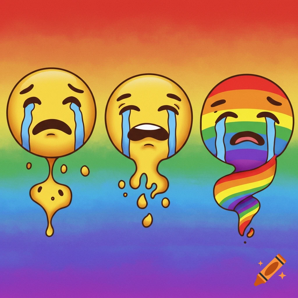 Three crying emojis on a rainbow gradient background, with the emojis melting and dripping downwards.