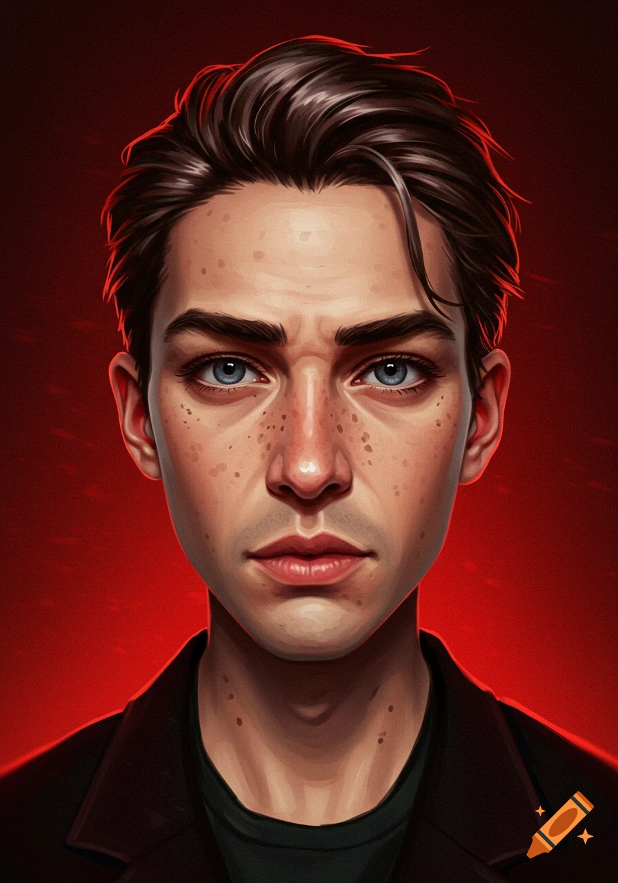 A stylized portrait of a young man with dark hair, freckles, and blue eyes, set against a red background.