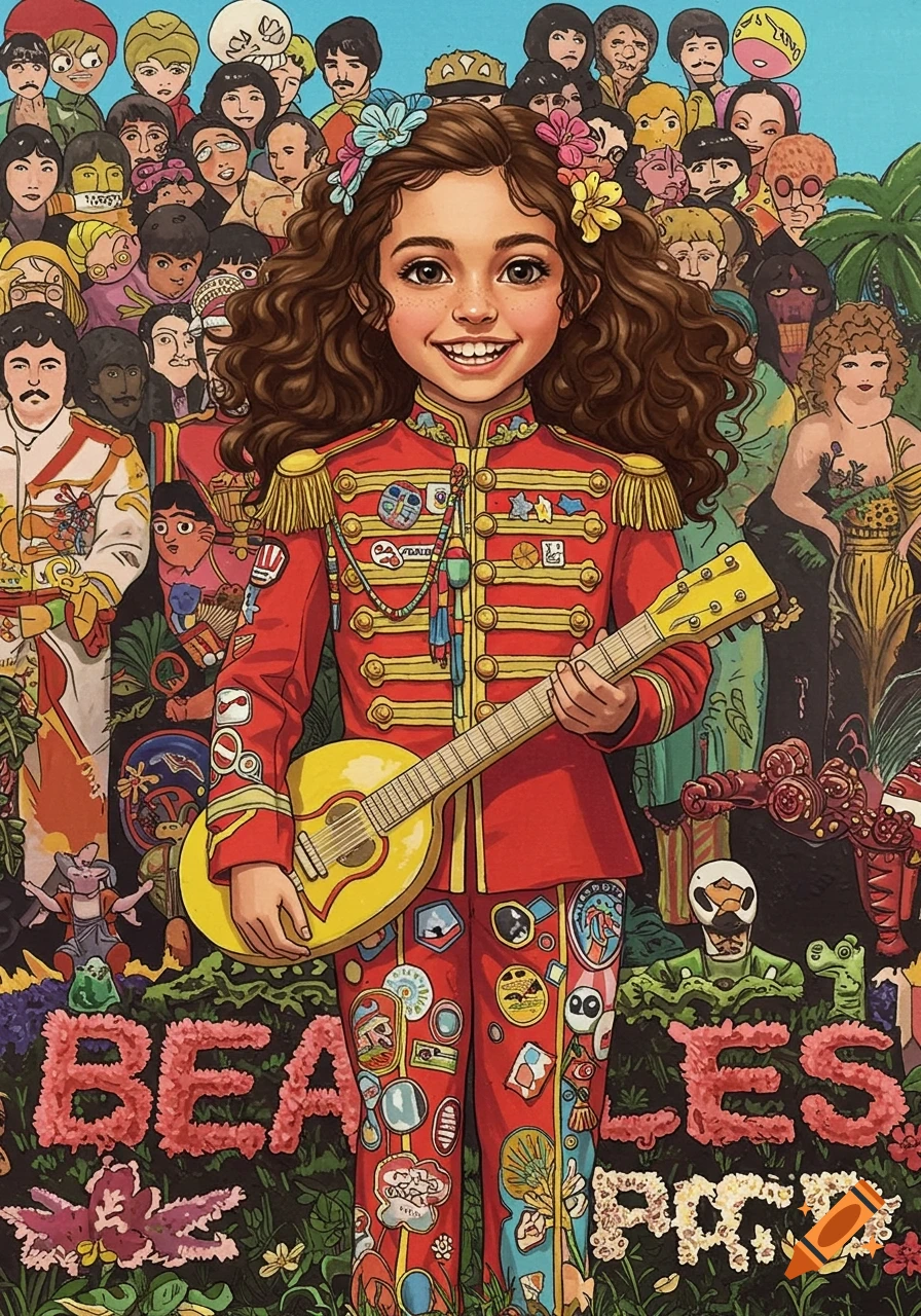 A smiling girl in a red Sgt. Pepper's uniform with a mandolin, surrounded by a crowd of stylized people and flower letters spelling "BEA LES PPD" at the bottom, in an album cover style.