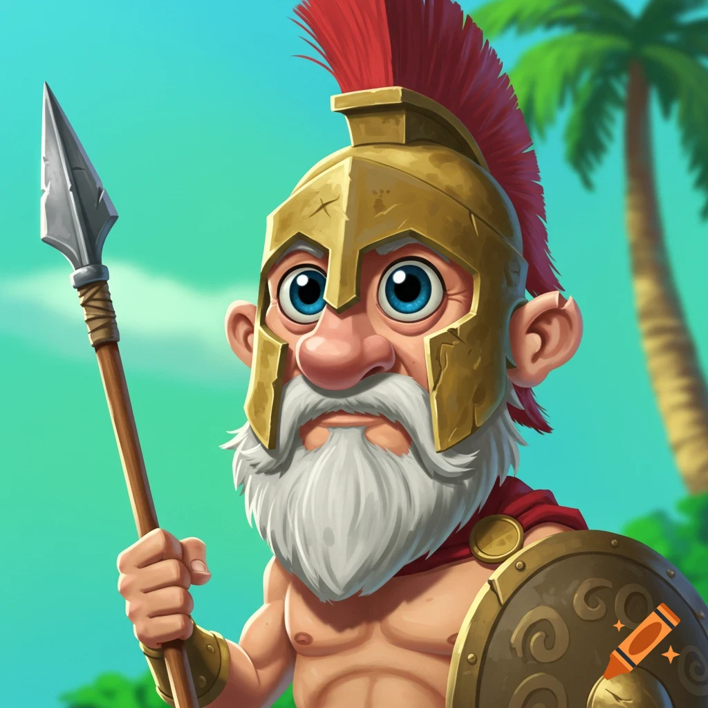 A stylized cartoon Spartan character with a gray beard and large blue eyes, wearing a gold helmet with a red plume, holding a spear and a shield, against a blue and green tropical background.