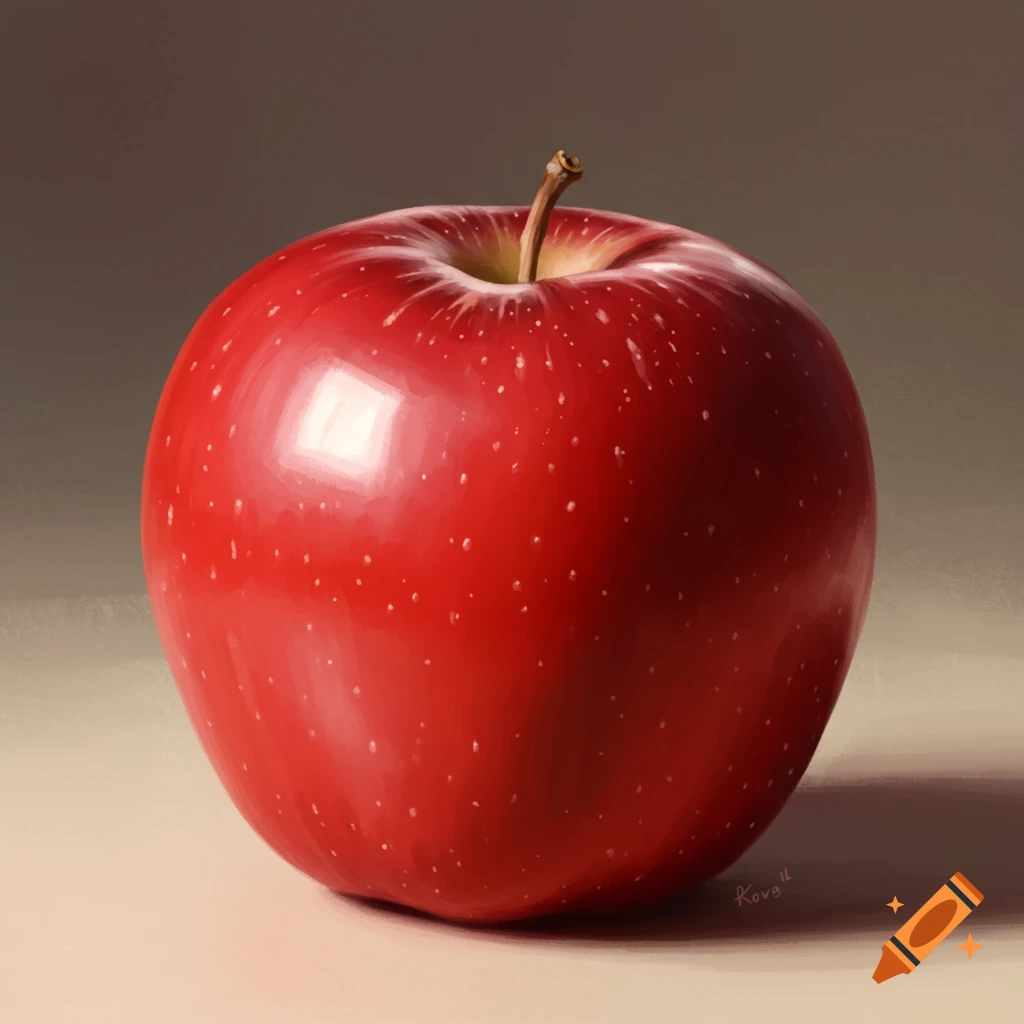 A photorealistic painting of a vibrant red apple with a stem, set against a muted brown and beige background.