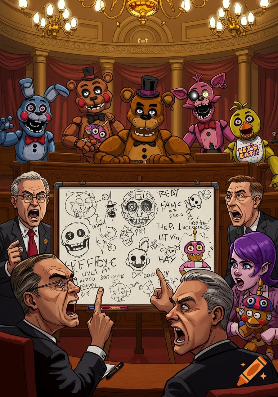 A cartoon-style image of human politicians arguing in a courtroom while Five Nights at Freddy's animatronics like Freddy, Bonnie, and Foxy observe from the background. A whiteboard with drawings and garbled text is between the humans.