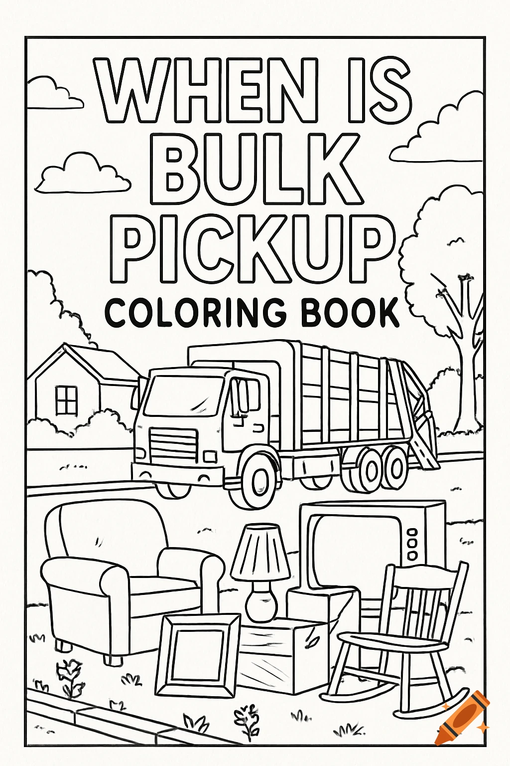 A black and white line art coloring book cover depicting a garbage truck in front of a house, with an armchair, lamp, TV, and rocking chair on the curb for bulk pickup. The title reads "WHEN IS BULK PICKUP COLORING BOOK."