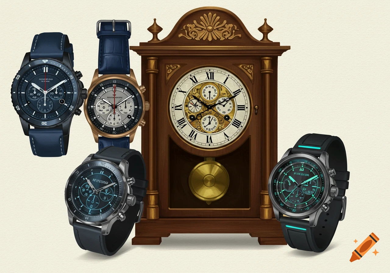 Four wristwatches with blue and black straps are arranged around a wooden grandfather clock with Roman numerals and a golden pendulum.