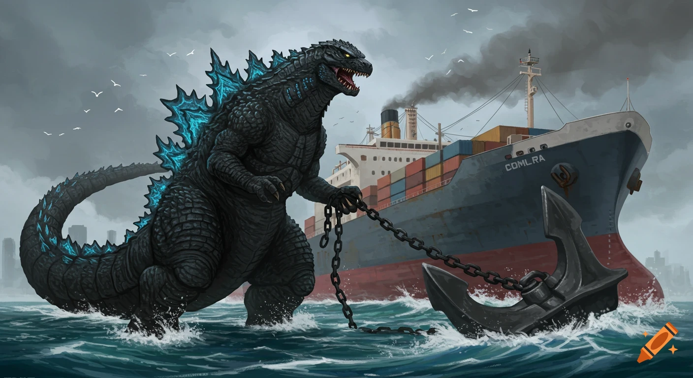 A massive Godzilla-like monster stands in the ocean, pulling a large anchor chain from a cargo ship under a cloudy sky.