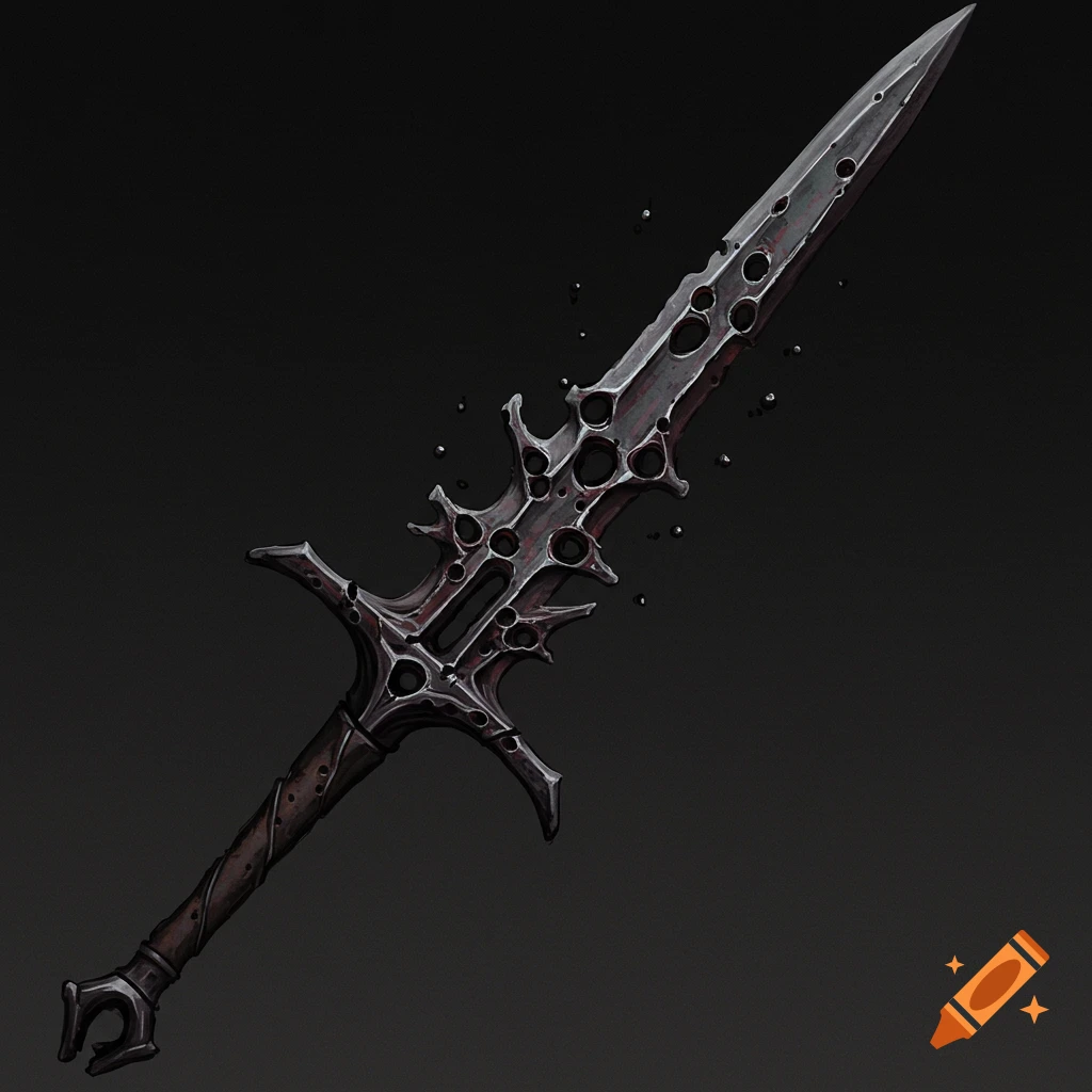 A dark fantasy sword with a blade and hilt full of organic-looking holes, against a black background.