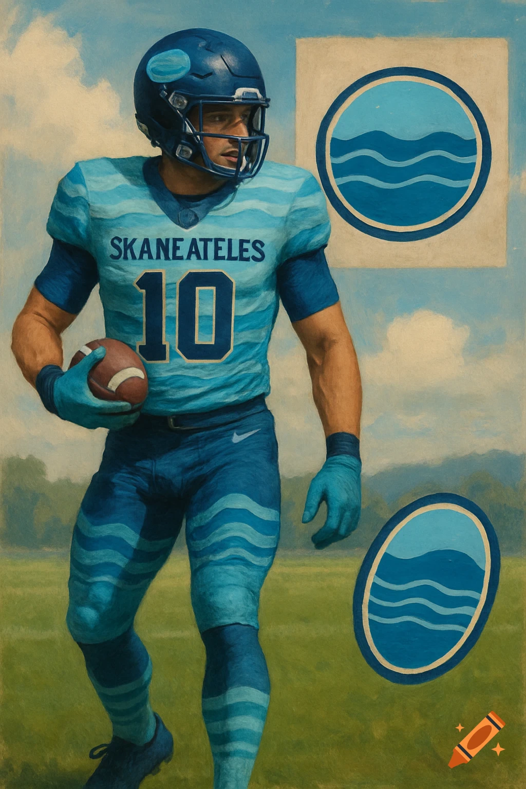 Male football player in a blue uniform with wave patterns, helmet, and 'SKANEATELES 10' on the jersey, holding a football on a field in a painterly style.