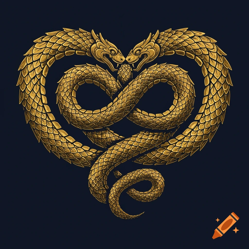 Two ornate golden serpents intertwine to form a heart and infinity symbol on a dark background.