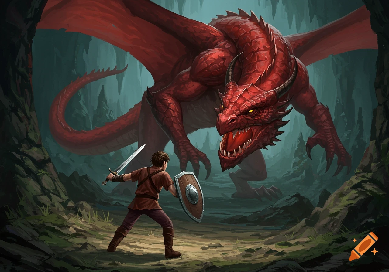 A young man with a sword and shield confronts a large red dragon in a dark cave, in a fantasy art style.
