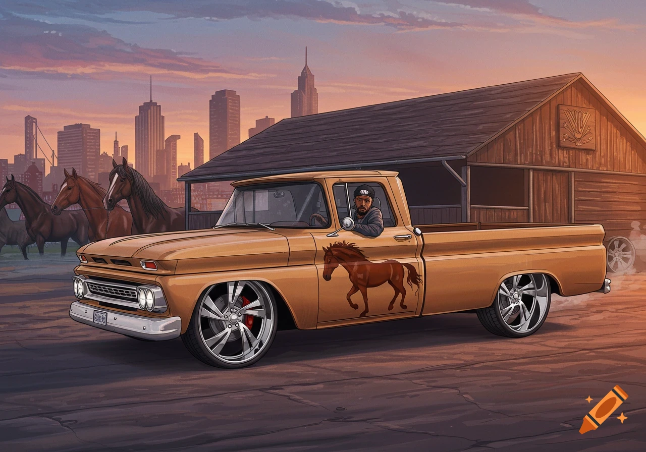 An illustrated custom gold Chevrolet truck with a horse decal driven by a man, in front of a stable, horses, and a city skyline at sunset.