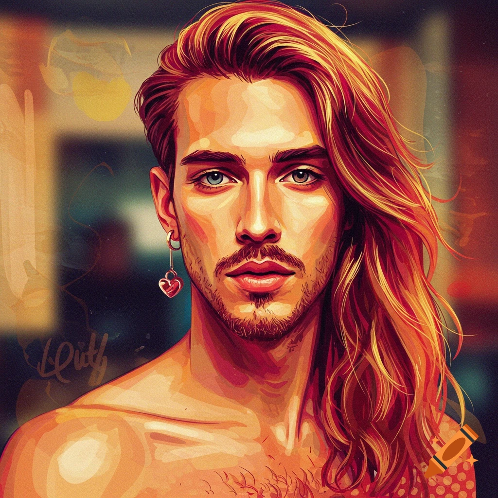 A vibrant, stylized portrait of a man with long, flowing red hair, a beard, and a heart-shaped earring, looking directly forward.