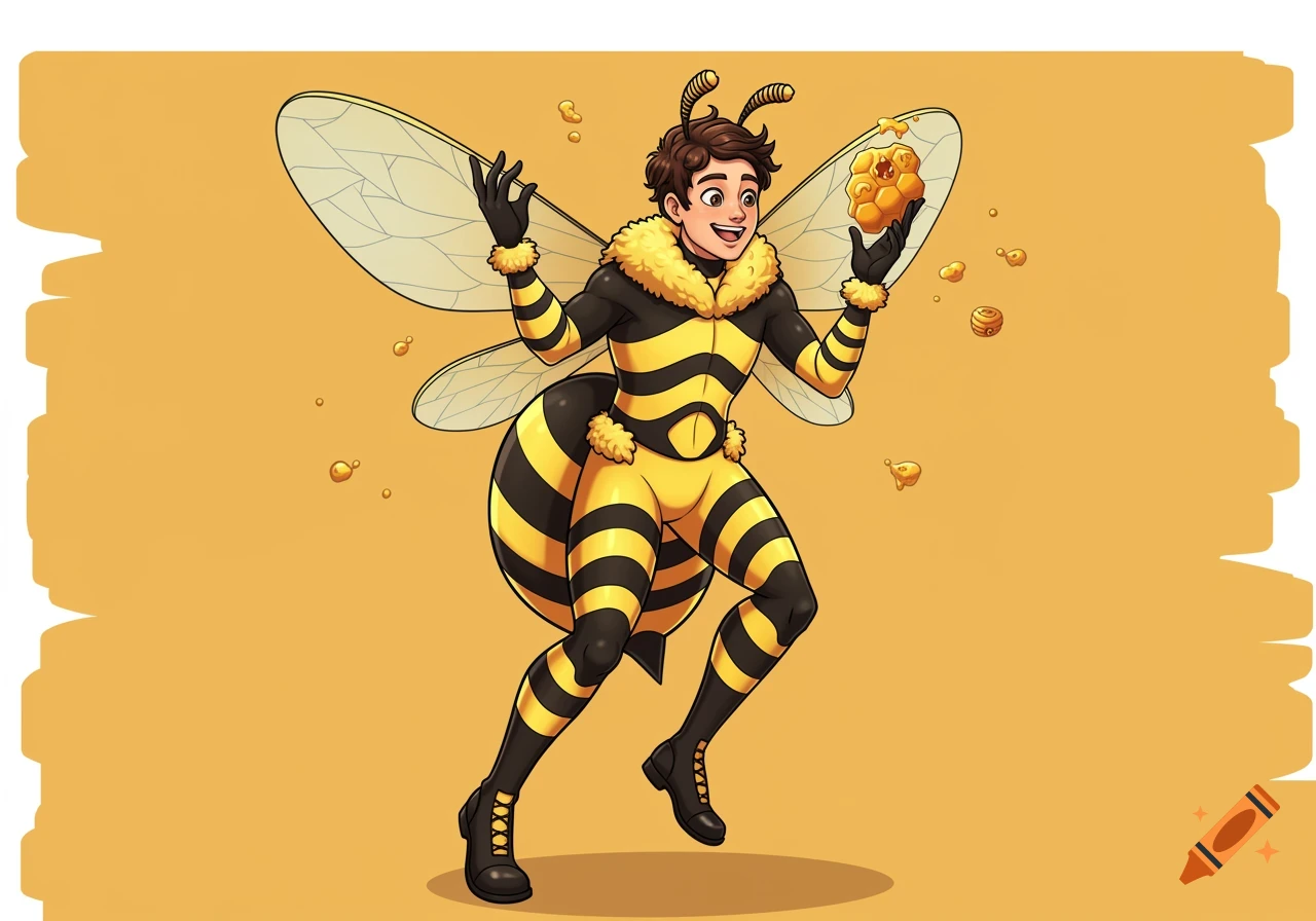 An animated young man in a yellow and black striped bee costume with wings and antennae, holding a honeycomb.