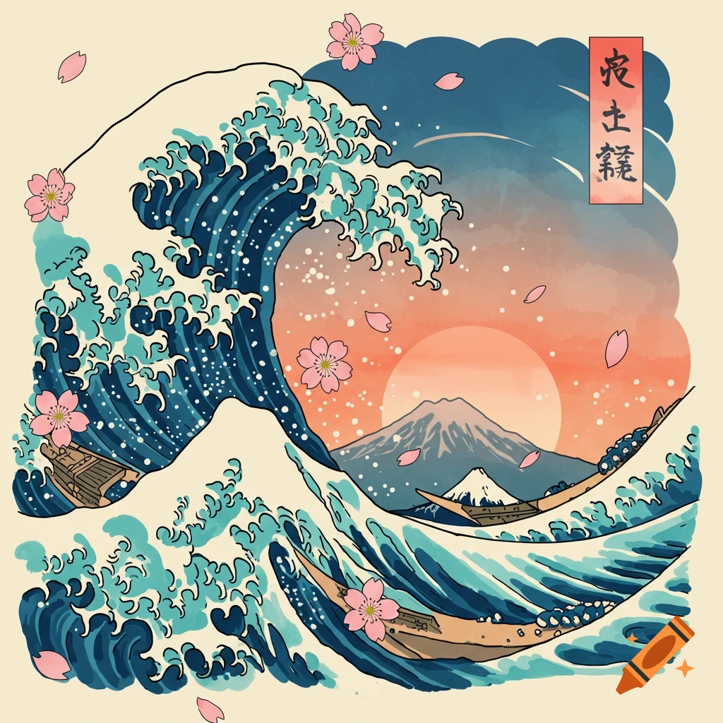 A stylized Japanese woodblock print showing a large wave, boats, Mount Fuji, a sunset, and falling cherry blossoms.