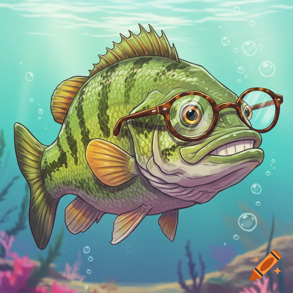 A green cartoon bass fish with yellow fins, wearing brown framed eyeglasses, smiling underwater amidst bubbles and coral.