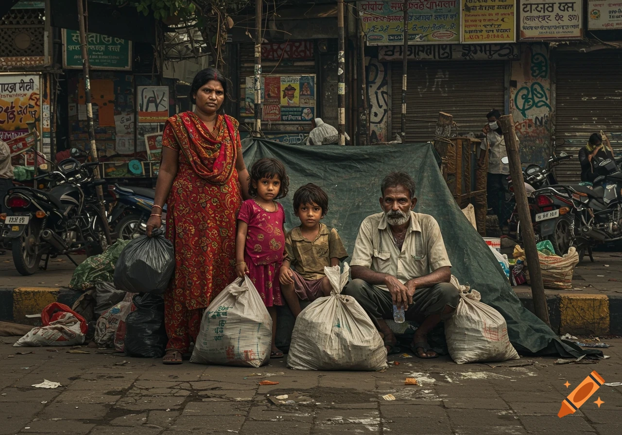 A family of four, including a man, woman, and two children, stands on a dirty city street next to a makeshift tent and bags, with motorcycles and storefronts in the background.