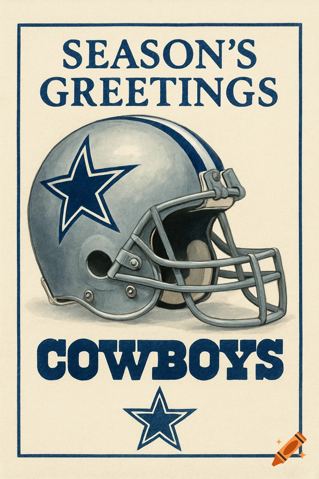 A vintage-style greeting card featuring a Dallas Cowboys helmet. Text reads 'SEASON'S GREETINGS' above and 'COWBOYS' below the helmet, with a star.