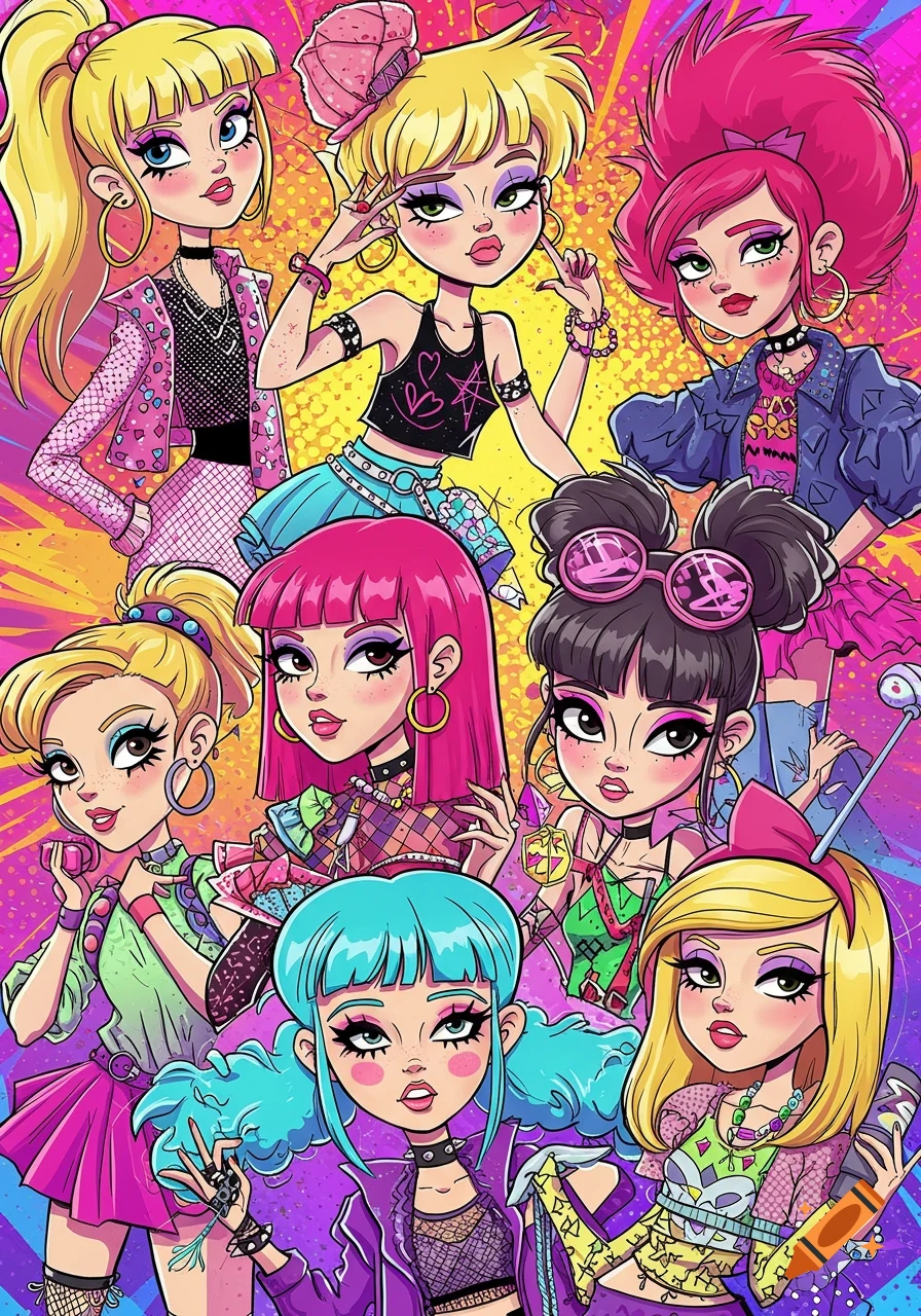 Vibrant pop art illustration of nine stylized cartoon girls in diverse 80s and 90s punk-inspired fashion.