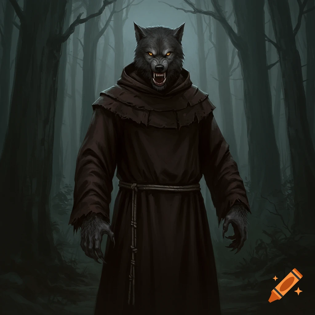 A menacing werewolf in a dark brown monk's robe stands in a misty, dark forest.