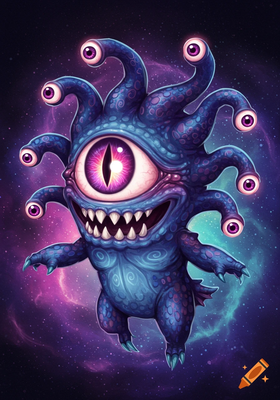 A cute, blue and purple beholder-like monster with multiple eyes and sharp teeth smiles against a cosmic background.