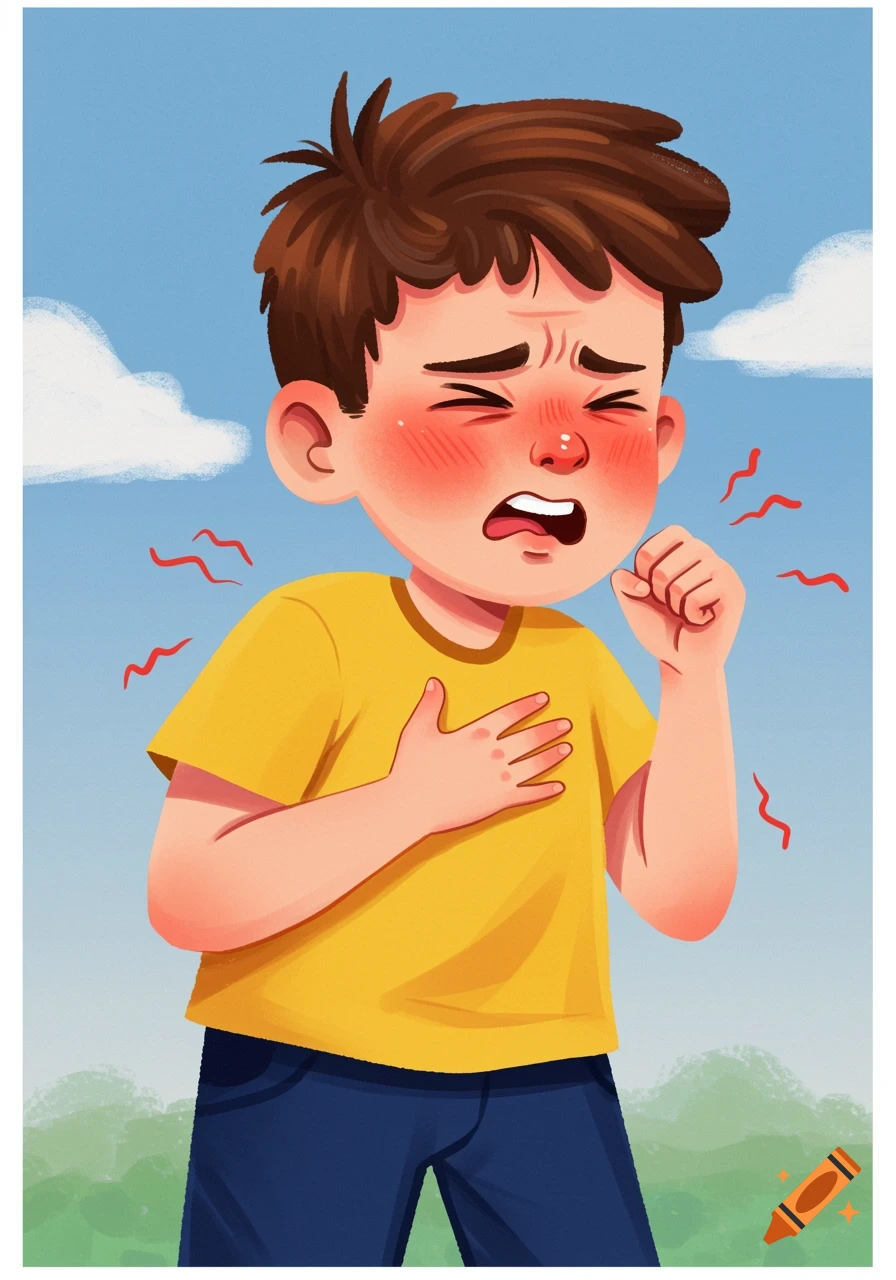 A cartoon illustration of a young boy with a red face and nose, coughing and holding his chest and mouth. The background is a blue sky with clouds.