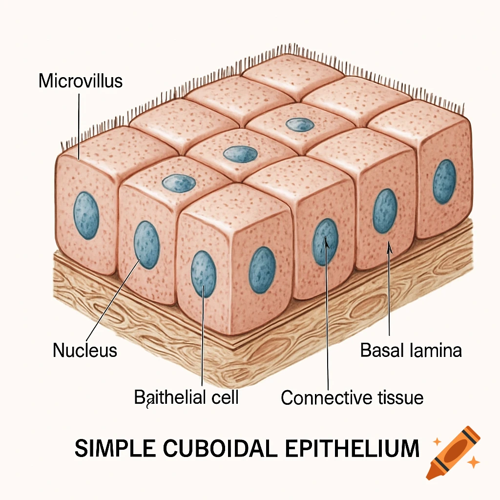 Diagram illustrating simple cuboidal epithelium with labeled parts including microvillus, nucleus, and basal lamina.
