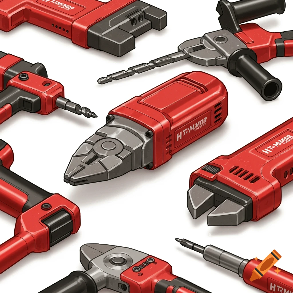 Red and grey power hand tools, including drills and wrenches, on a white background in an isometric style.