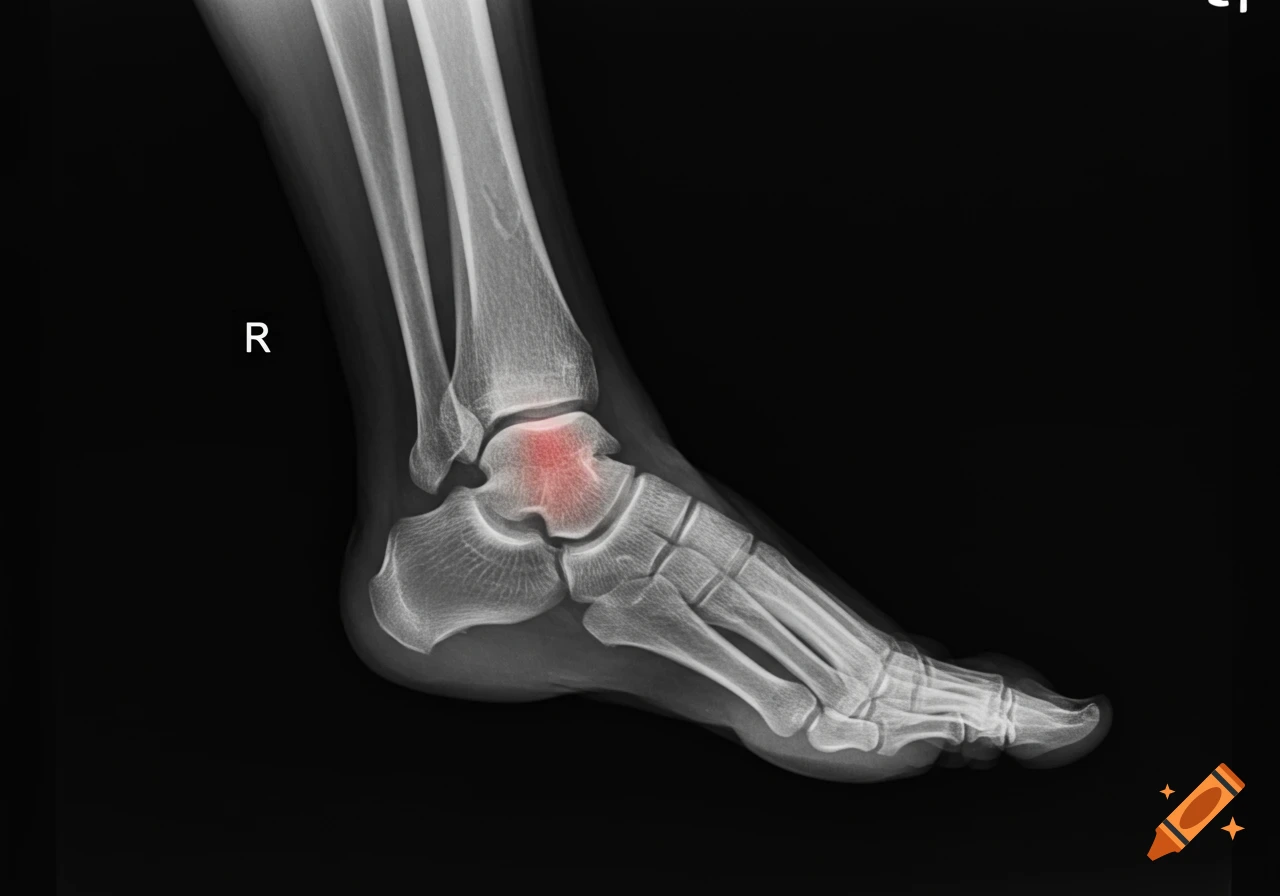 X-ray of a right human ankle with a red highlight on the talus bone.