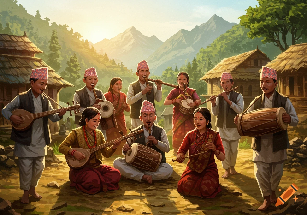 A group of Nepali people in traditional attire play various musical instruments in a sunny village setting with mountains and houses.