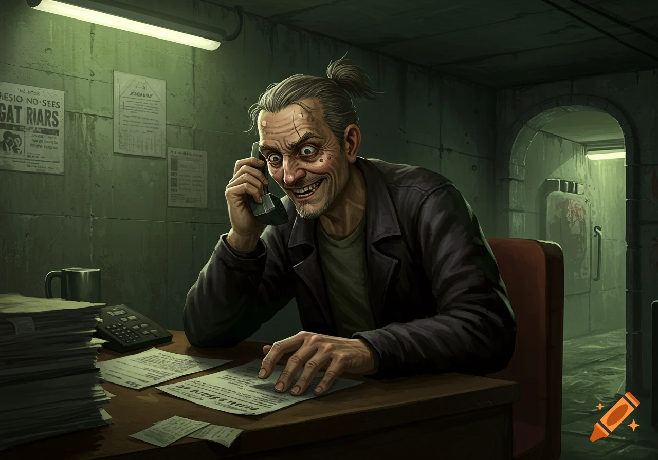 A creepy man with wide eyes and a grin talks on an old phone at a desk in a dingy, green-lit bunker.