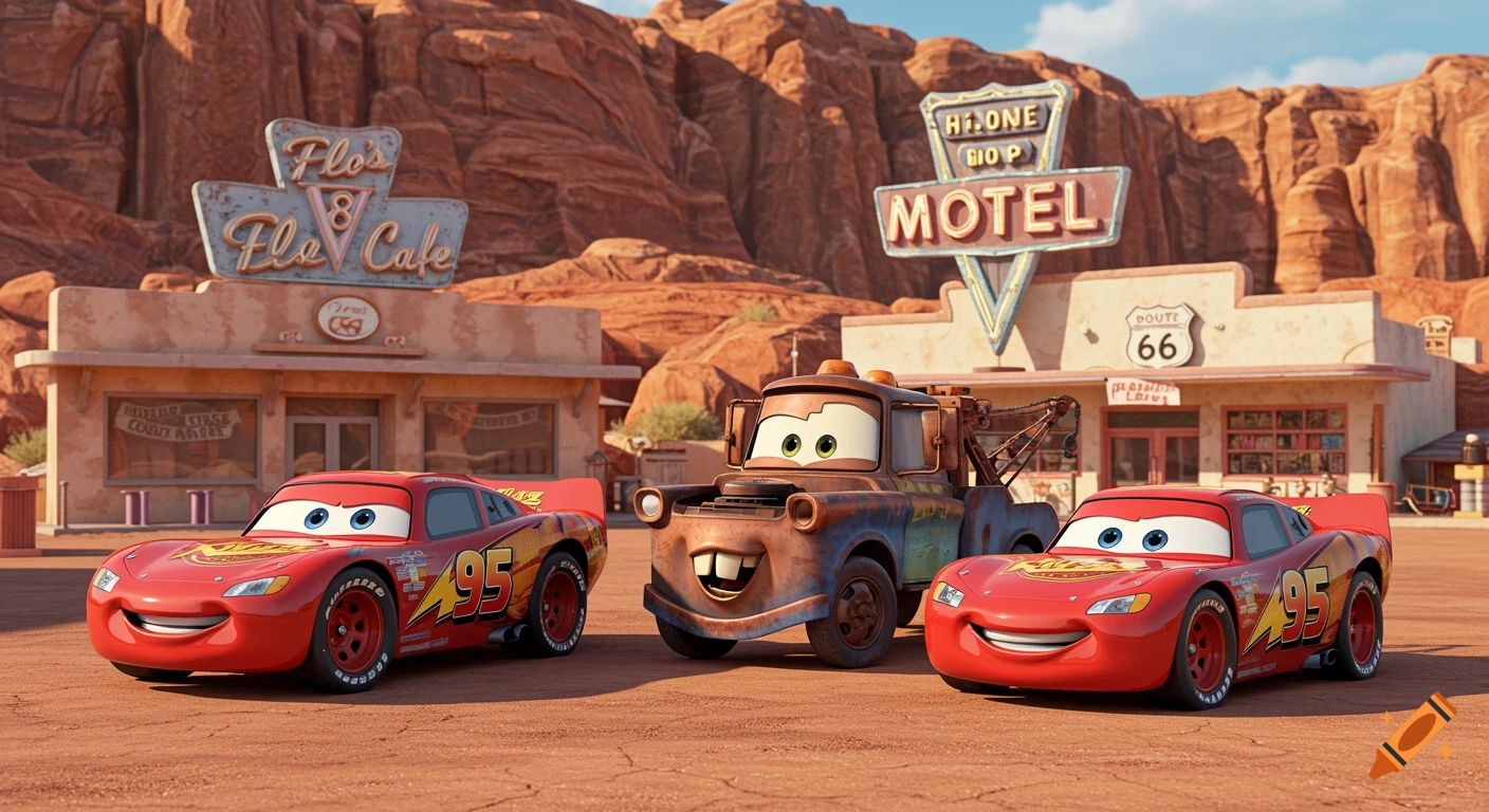 Lightning McQueen and Tow Mater stand in front of Flo's V8 Cafe and a motel, set against red rock cliffs in a Pixar-style rendering.